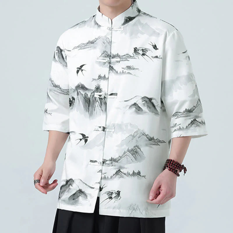 Buddha Stones Printing Chinese Ink Landscape Pattern Men's Frog-button Half Sleeve Shirts