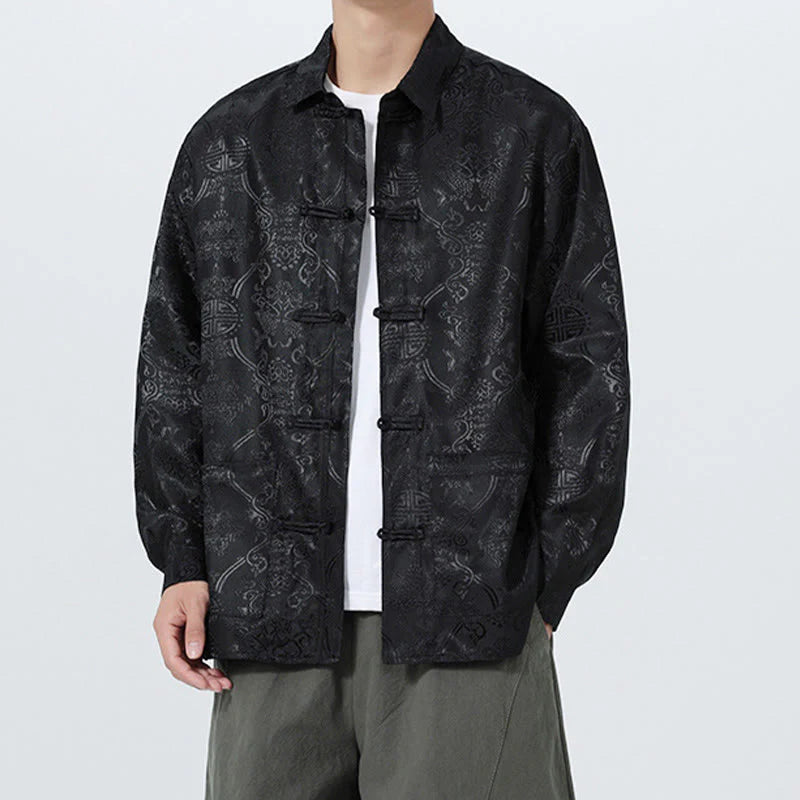 Buddha Stones Spring Jacquard Lapel Long Sleeve Men's Tang Suit Frog-Button Jacket With Pockets