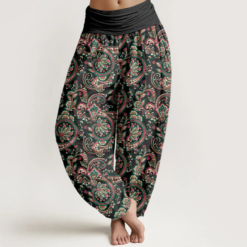 Buddha Stones Cotton Retro Complex Flowers Leaves Vine Pattern Women's Elastic Waist Harem Pants