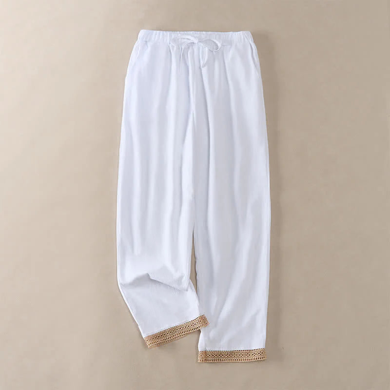 Buddha Stones Summer Lace-trimmed Hem Solid Color Women's Tapered Pants With Pockets