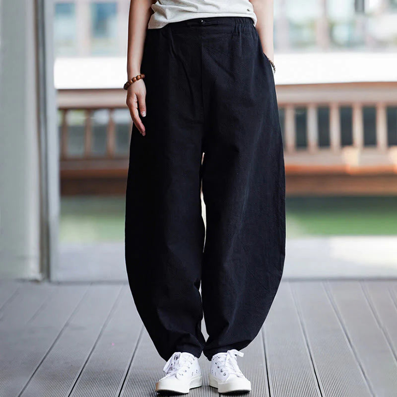Buddha Stones Summer Plain One Chinese Frog-Button Straight Leg Design Men's Cotton Linen Pants With Pockets