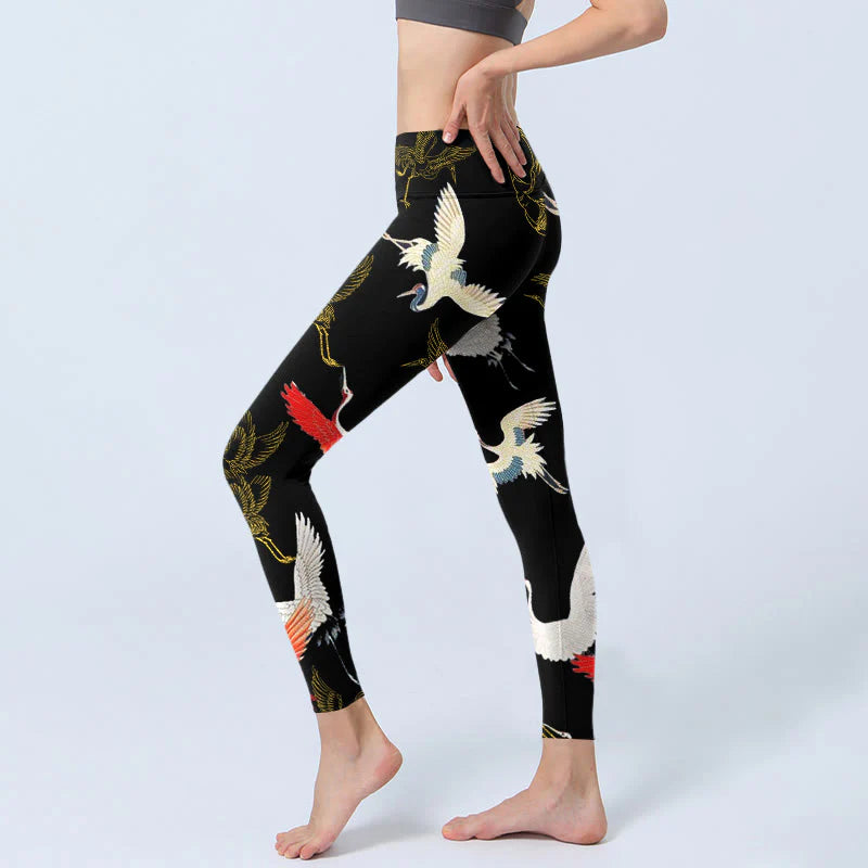 Buddha Stones White Red Gold Cranes Print Gym Leggings Women's Yoga Pants