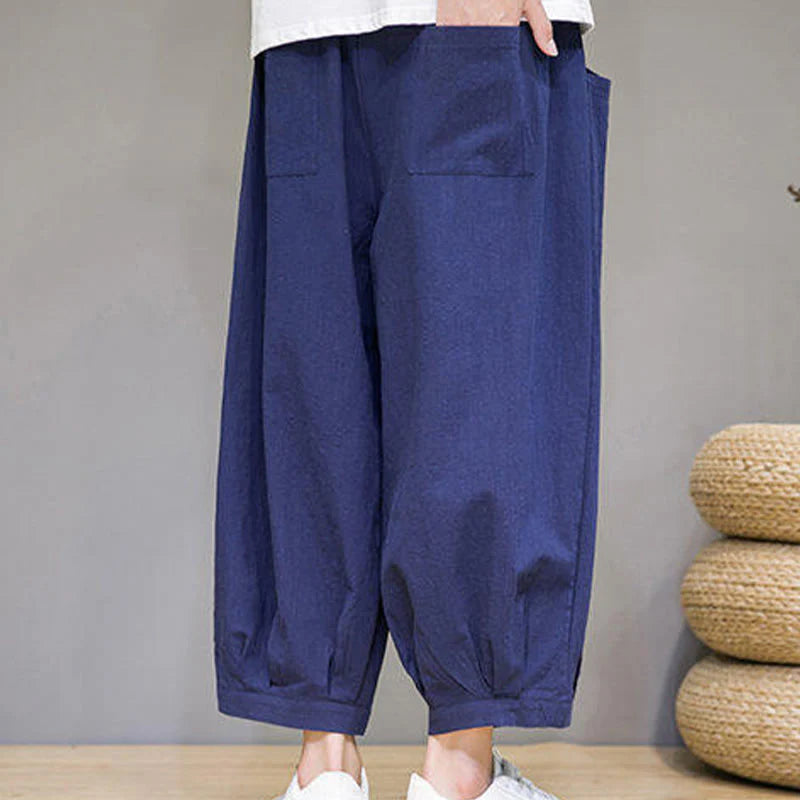 Buddha Stones Casual Plain Men's Cotton 7-8 Length Harem Pants With Pockets