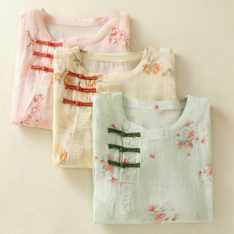Buddha Stones Plant Printed Crew Neck Frog Button Design Women's Polyester Three Quarter Sleeve Shirt