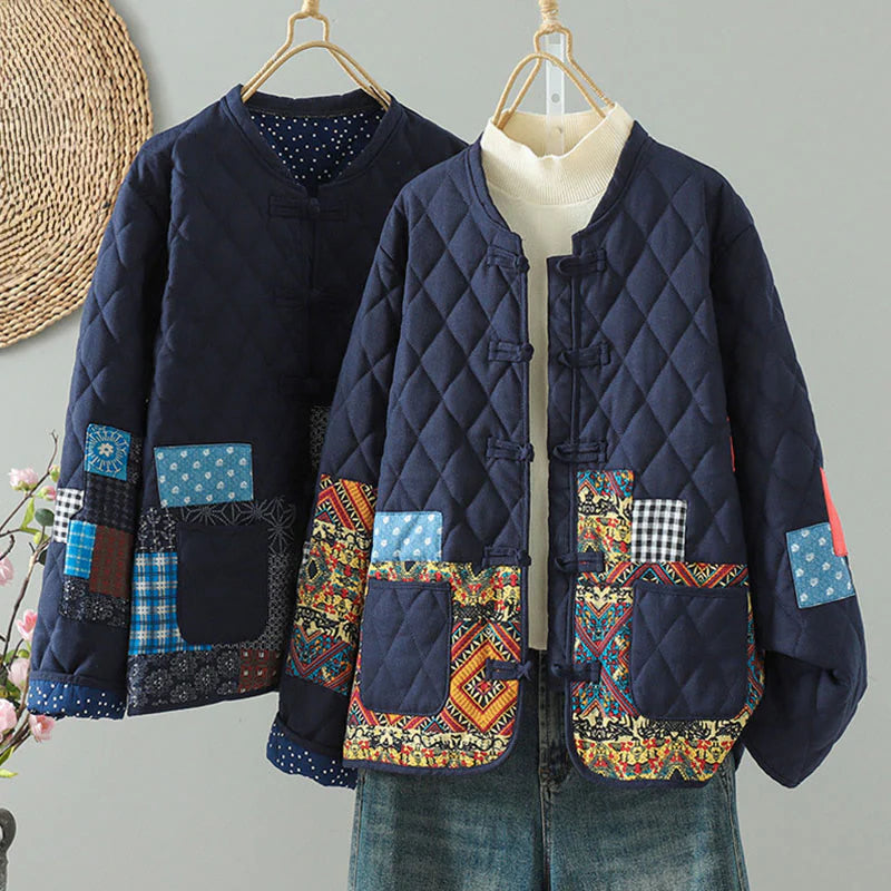 Buddha Stones Ethnic Frog-button Patchwork Women's Thickened Cotton Long Sleeve Jacket With Pockets