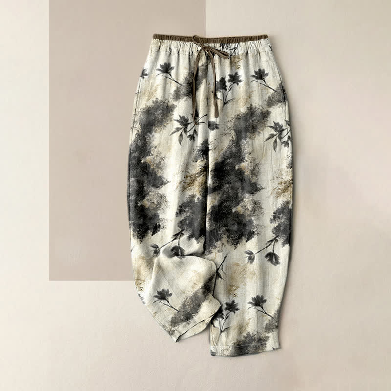Buddha Stones Ink Wash Painting Floral Elastic Drawstring Women's Pure Cotton Pants With Pockets