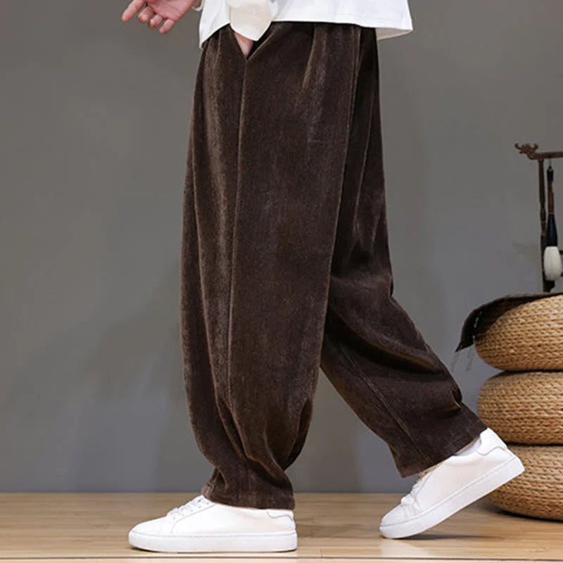 Buddha Stones Winter Pure Color Cotton Men's Harem Thickened Fleece-lined Pants With Pockets