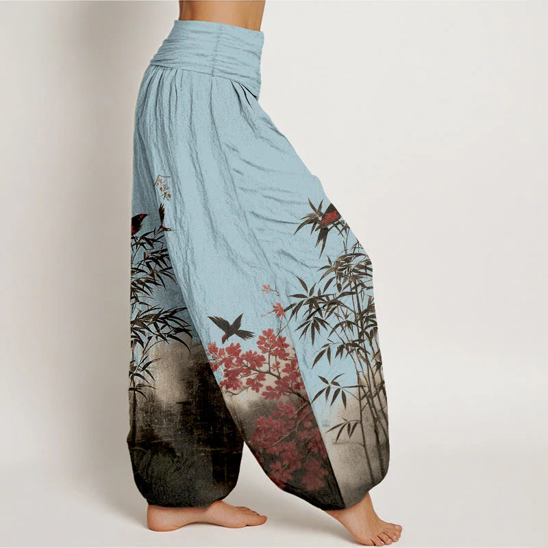 Buddha Stones Cotton Classical Bamboo Bird Flower Pattern Women's Elastic Waist Harem Pants