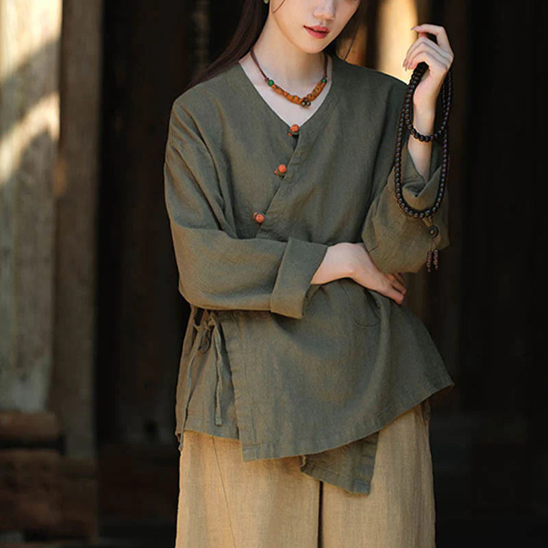 Buddha Stones Solid Color Ramie Linen Loose Blouse Long Sleeve Shirt Chinese Hanfu Top