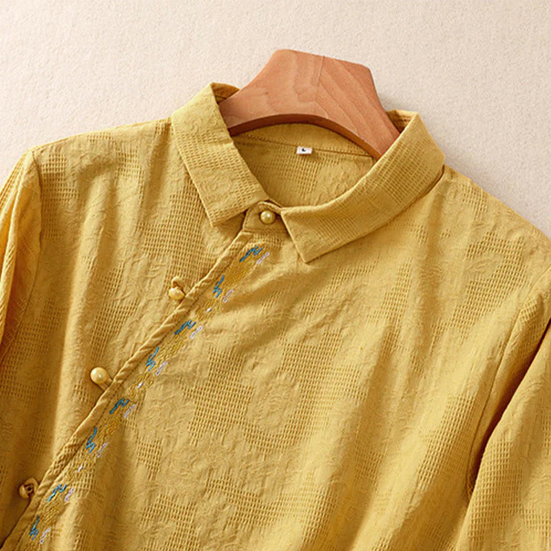 Buddha Stones Fall Embroidery Asymmetrical Design Frog-Button Women's Cotton Long Sleeve Shirt