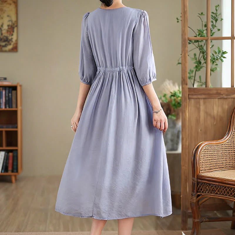 Buddha Stones Spring Floral Embroidery V Neck Tie Waist Elbow-Length Sleeve Women's Dress With Pockets