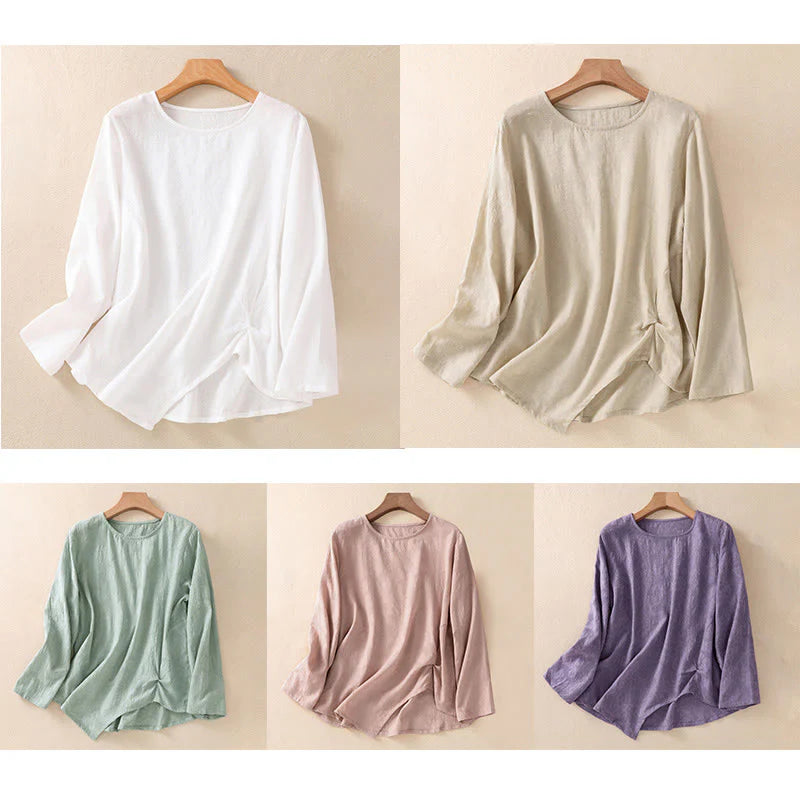 Buddha Stones Jacquard Irregular Hem Pleated Design Women's Cotton Long Sleeve Shirt