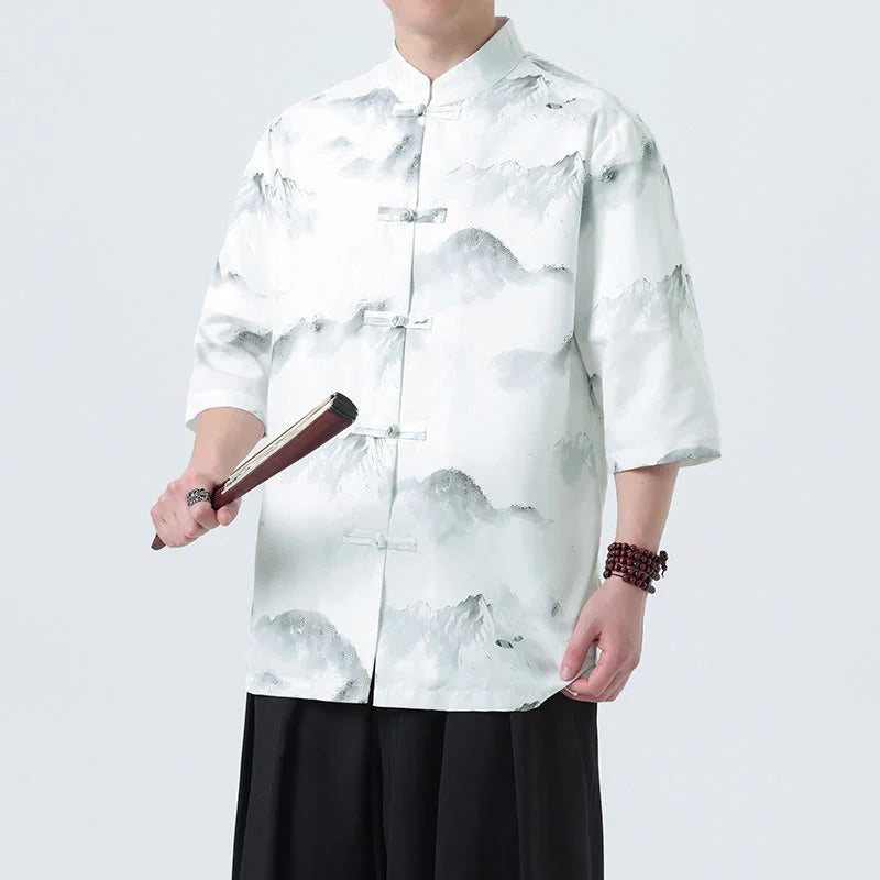 Buddha Stones Printing Chinese Ink Landscape Pattern Men's Frog-button Half Sleeve Shirts