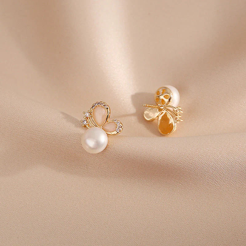 Buddha Stones 18k Gold Plated Pearl Butterfly Love Freedom Stud Earrings