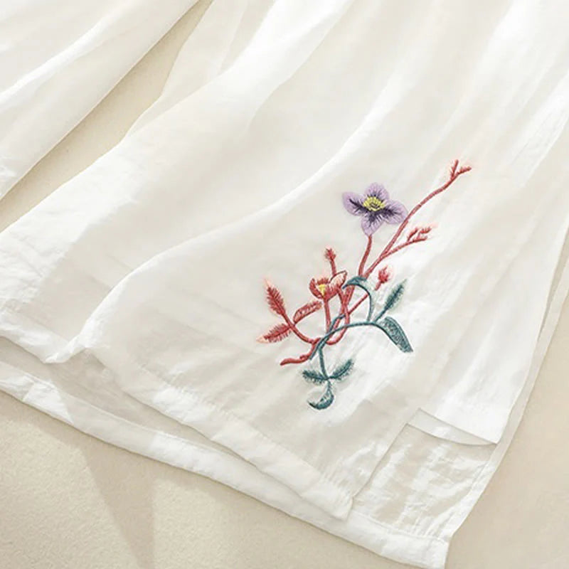 Buddha Stones Artistic Embroidery Flower Double Layer Chinese Frog Button Split Cotton Linen Women's Wide Leg Pants
