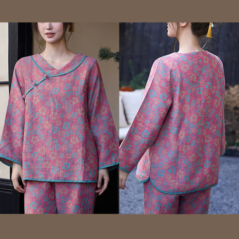 Buddha Stones 2pcs Floral Pattern Frog-Button Long Sleeve Round Neck Shirt Pants Cotton Pajamas Set