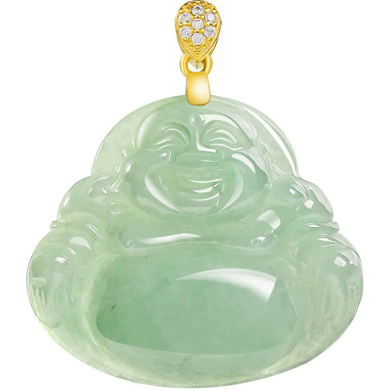 Buddha Stones Natural Jade Laughing Buddha Luck Prosperity Titanium Steel Chain Necklace Pendant