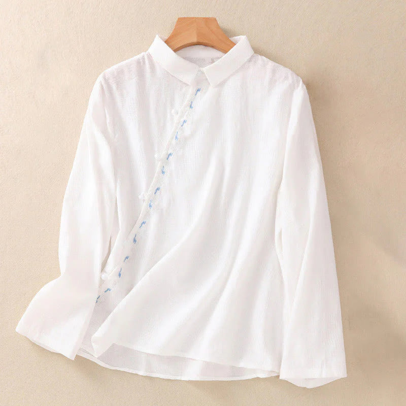 Buddha Stones Fall Embroidery Asymmetrical Design Frog-Button Women's Cotton Long Sleeve Shirt