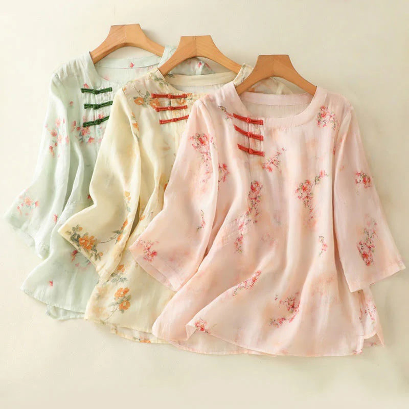 Buddha Stones Plant Printed Crew Neck Frog Button Design Women's Polyester Three Quarter Sleeve Shirt