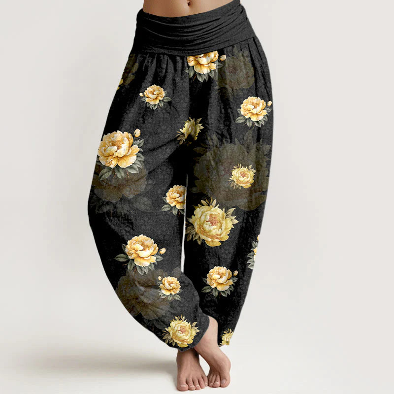 Buddha Stones Cotton Delicate Peony Pattern Women's Elastic Waist Harem Pants