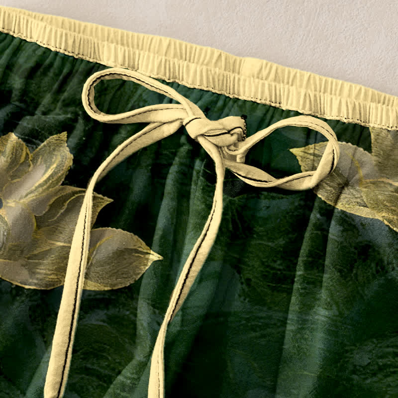 Buddha Stones Lotus Pattern Pure Cotton Elastic Waist Women's Pants With Pockets