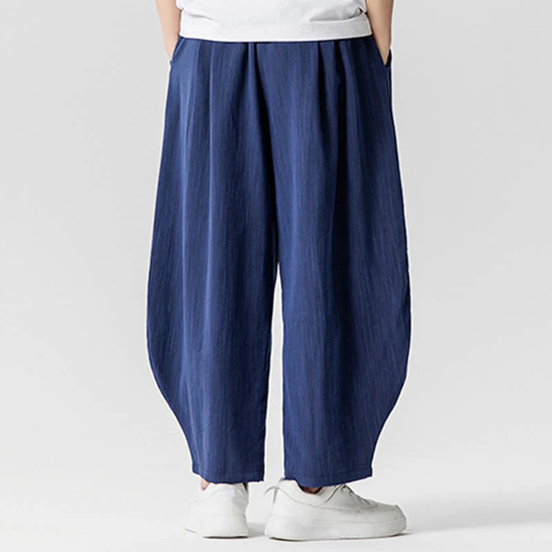 Buddha Stones Summer Pure Color Drawstring Men's Cotton Ankle-Length Pants With Pockets