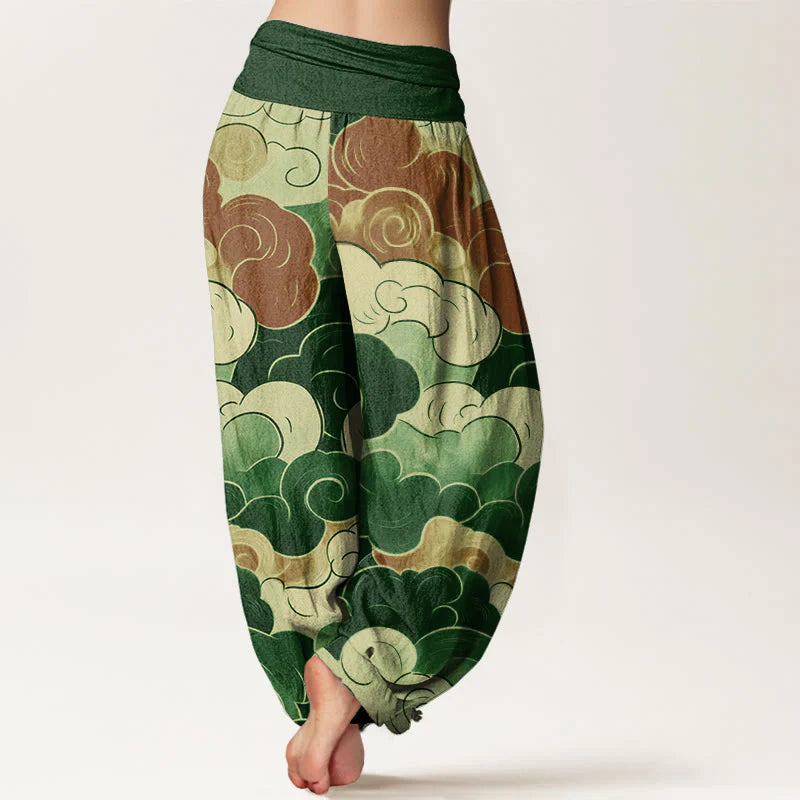 Buddha Stones Cotton Casual Auspicious Clouds Pattern Women's Elastic Waist Harem Pants
