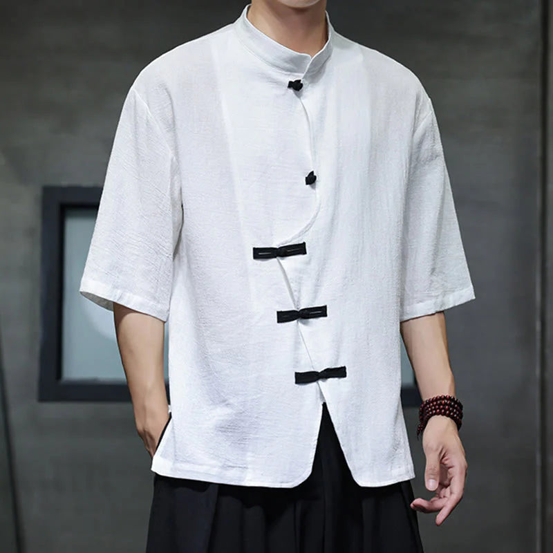 Buddha Stones Plain Chinese Frog-Button Stand Collar Cotton Linen Men's Half Sleeve Shirt