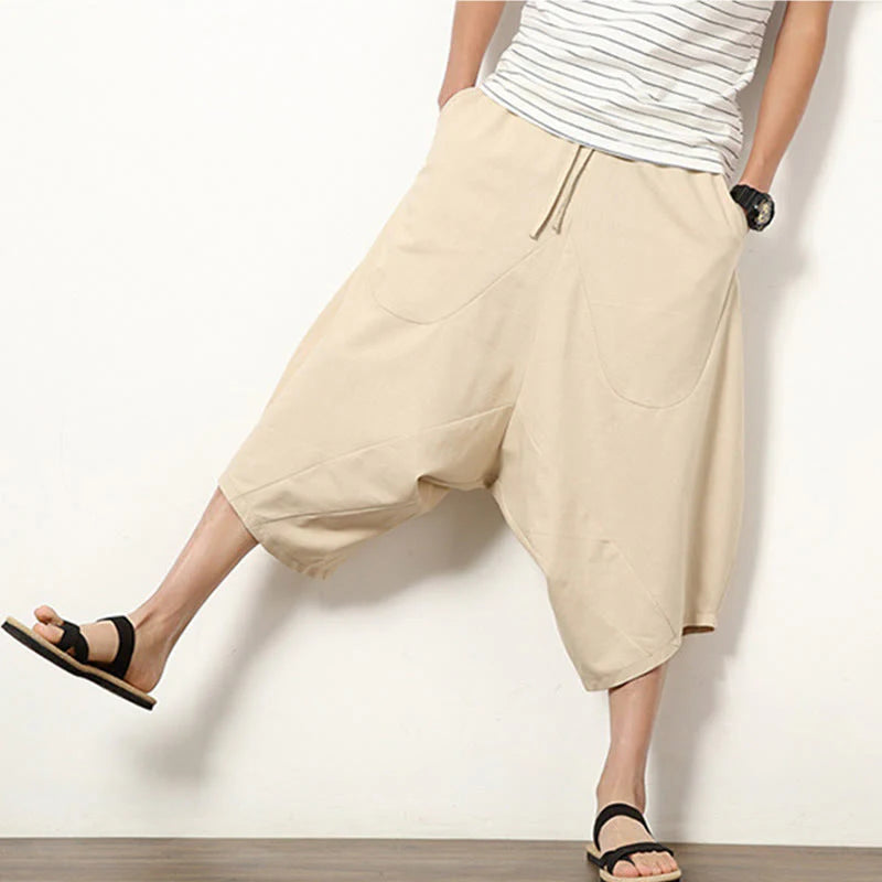 Buddha Stones Spring Plain Simple Patchwork Design Drawstring Cotton Linen Men's 7-8 Length Wide Leg Pants With Pockets