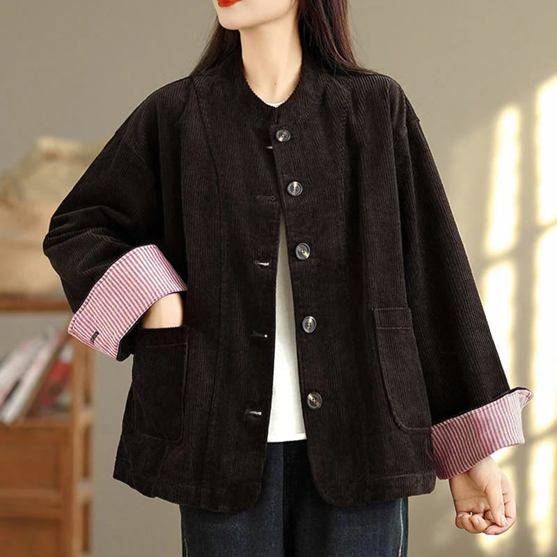 Buddha Stones Buttons Design Corduroy Long Sleeve Women's Jacket With Pockets