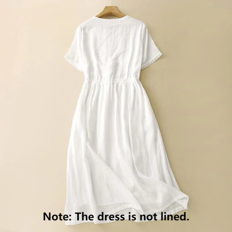 Buddha Stones Commute Embroidery Pleated Button Drawstring Design Cotton Linen Ruffled Short Sleeve Midi Dress