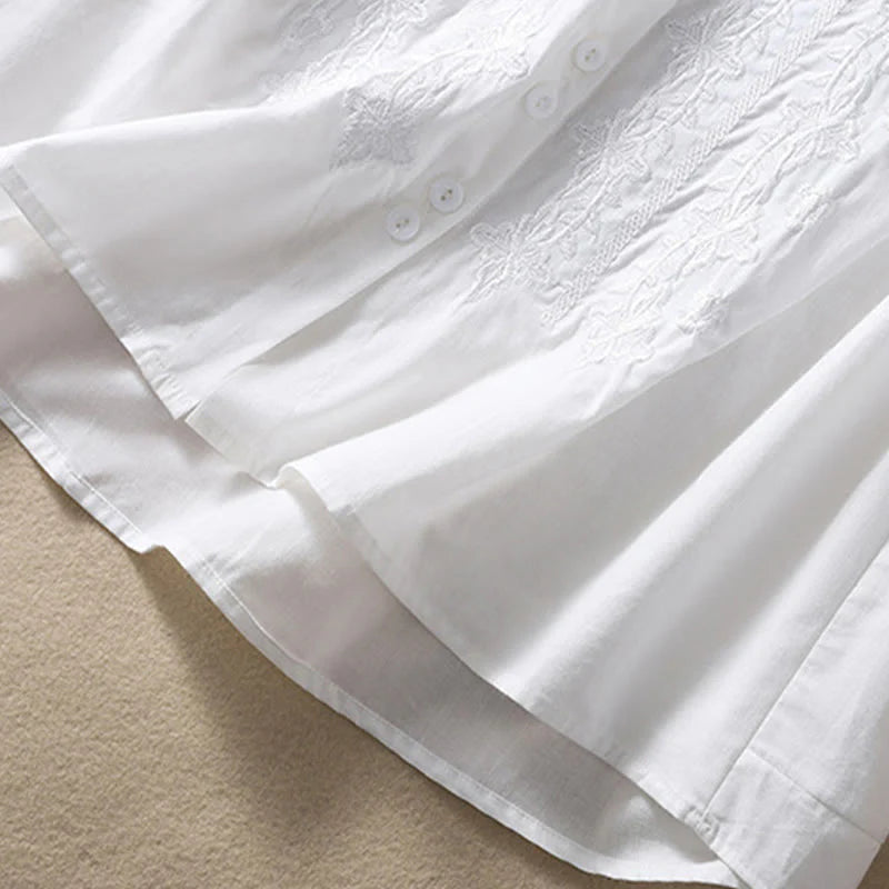 Buddha Stones Summer Plain Button Embroidery Flower Pattern Three Quarter Sleeve Lapel Cotton Linen Women's Shirt