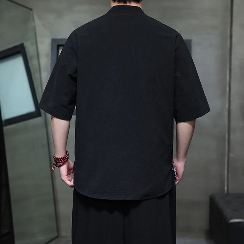 Buddha Stones Summer Vintage Color Contrast Patchwork Design Stand Collar Men's Half Sleeve Cotton Shirt With Pocket