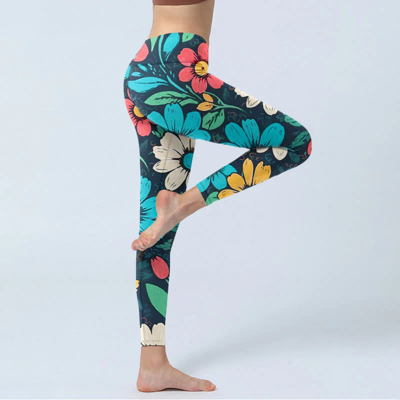 Buddha Stones Colorful Flower Pattern Print Gym Leggings Women's Yoga Pants