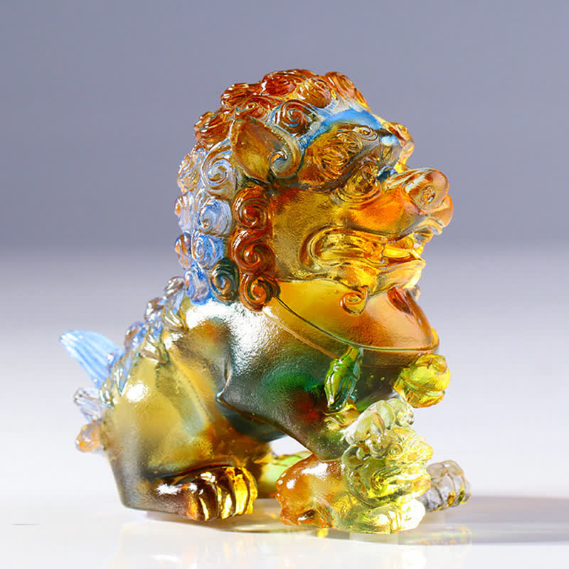 Buddha Stones Handmade Liuli Crystal Lion Art Piece Strength Home Office Decoration