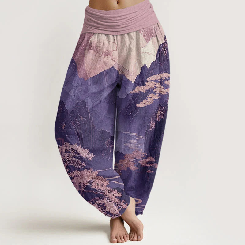 Buddha Stones Cotton Casual Mountains Trees Branches Pattern Women's Elastic Waist Harem Pants