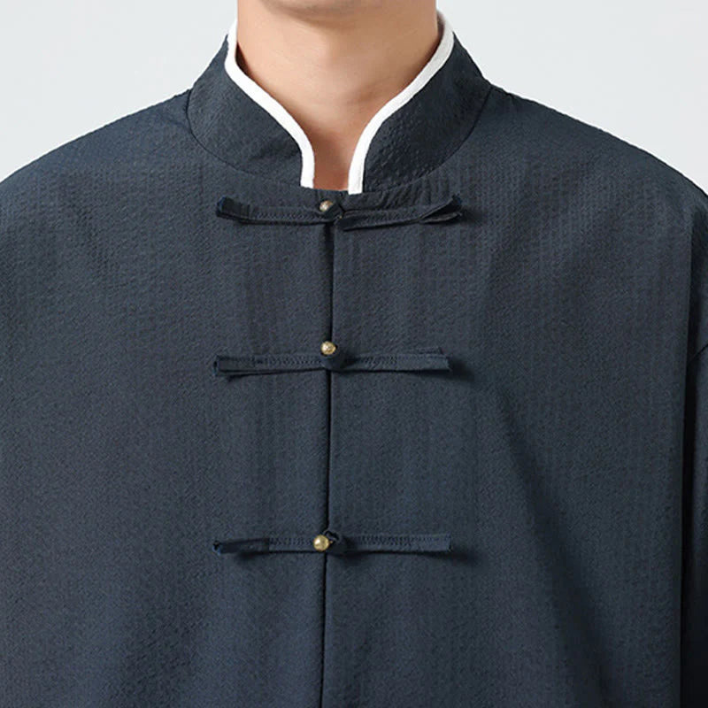 Buddha Stones Spring Solid Color Three Quarter Sleeve Tang Suit Men's Buttons Shirt With Pockets