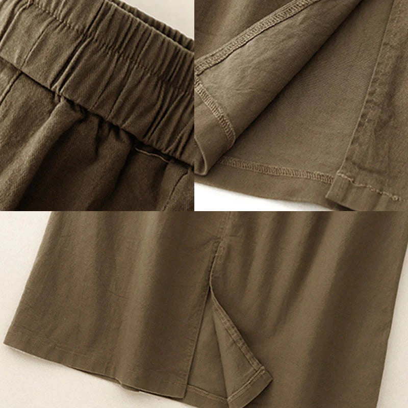 Buddha Stones Vintage Plain Drawstring Button Design Slide Slite Women's Cotton Linen 7-8 Length Skirt With Pockets
