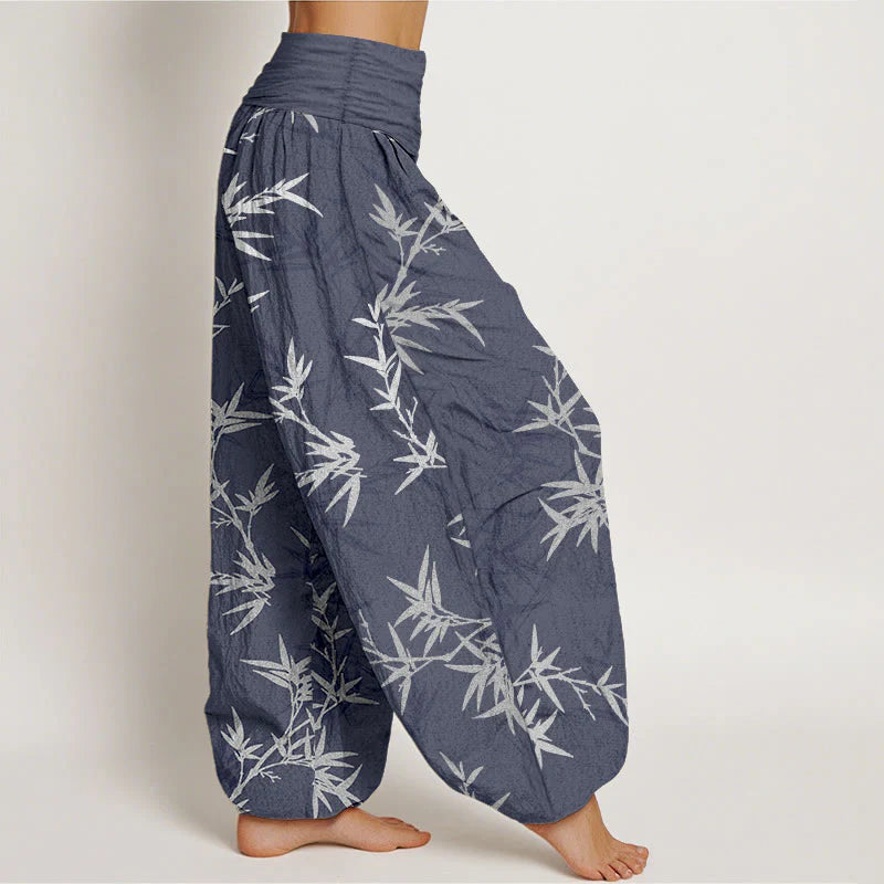 Buddha Stones Pure Cotton White Bamboo Leaves Women's Elastic Waist Harem Pants