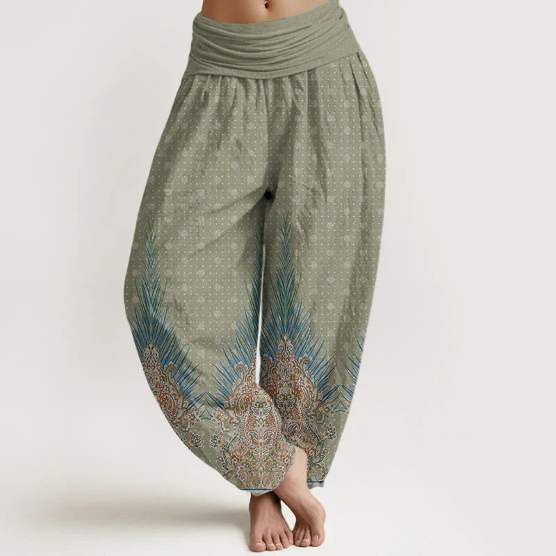 Buddha Stones Cotton Ethnic Peacock Floral Pattern Women's Elastic Waist Harem Pants