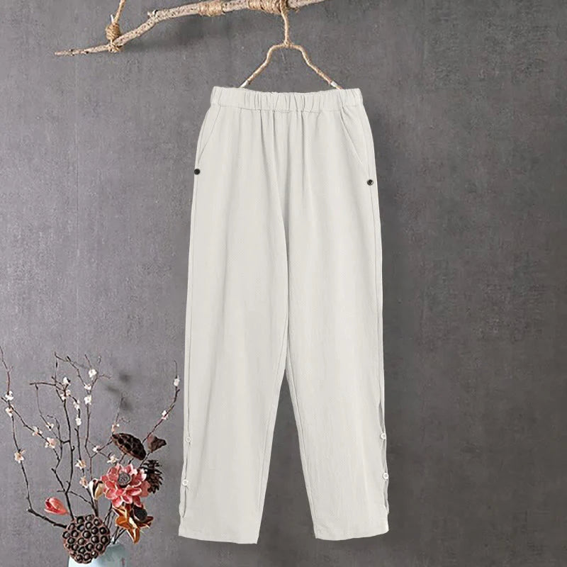 Buddha Stones Casual Pure Color Hollow Button Cuff Design Women's Cotton Linen Pants With Pockets