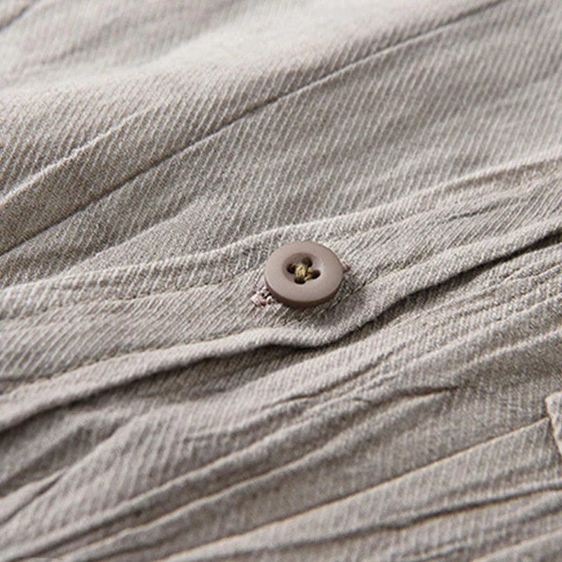 Buddha Stones Solid Long Sleeve Stand Collar Wrinkles Button Down Ramie Linen Men's Shirts