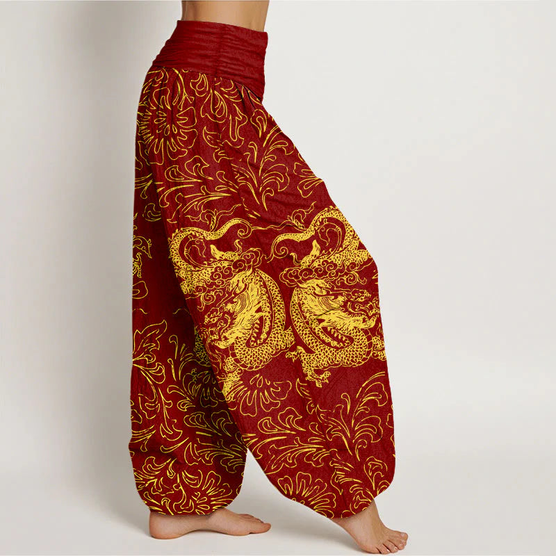 Buddha Stones Pure Cotton Dragon Floral Women's Elastic Waist Harem Pants