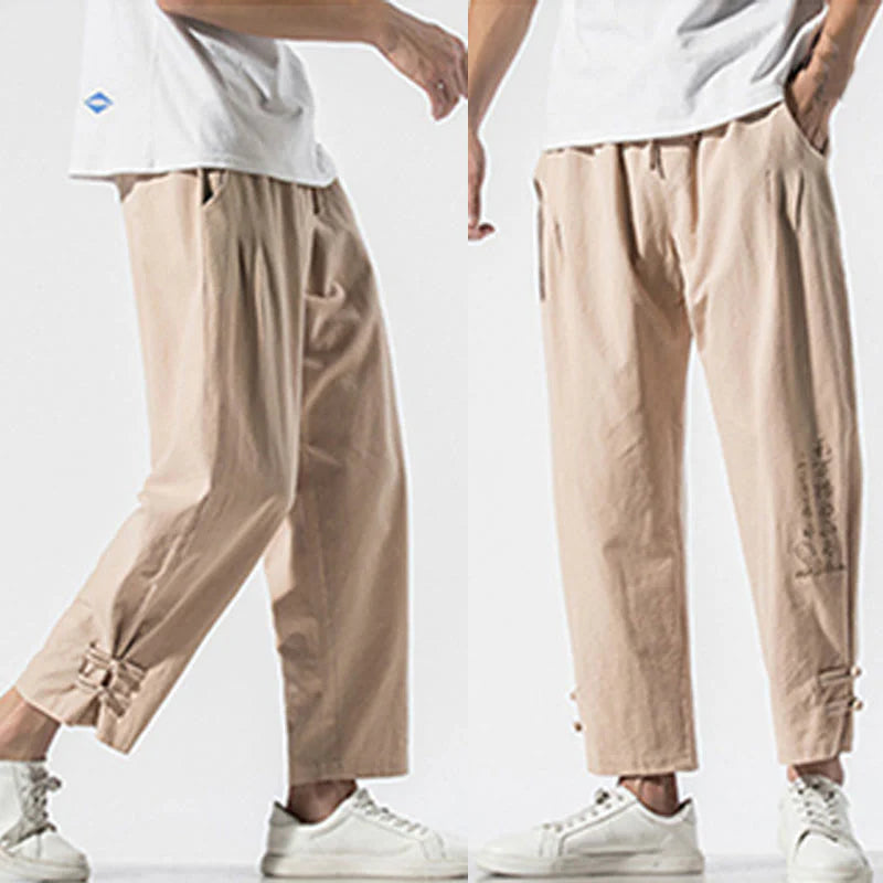 Buddha Stones Summer Chinese Characters Embroidery Men's Cotton Linen Pants With Pockets