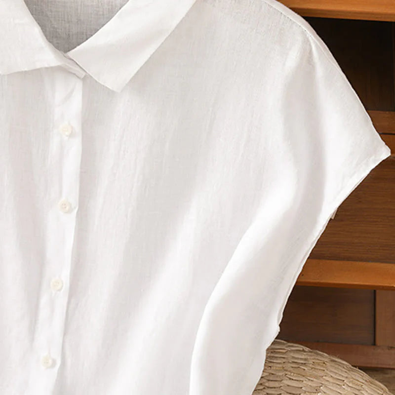 Buddha Stones Summer Plain Color Button Short Sleeve Women's Cotton Shirt