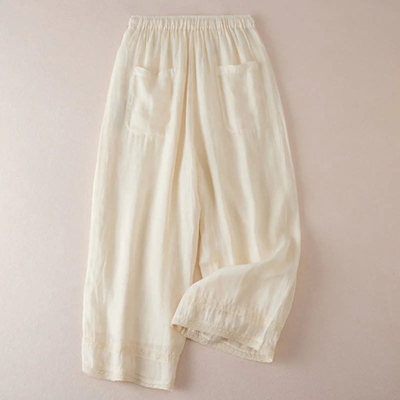 Buddha Stones Casual Lining Design Cotton Women's 7-8 Length Wide Leg Pants With Pockets