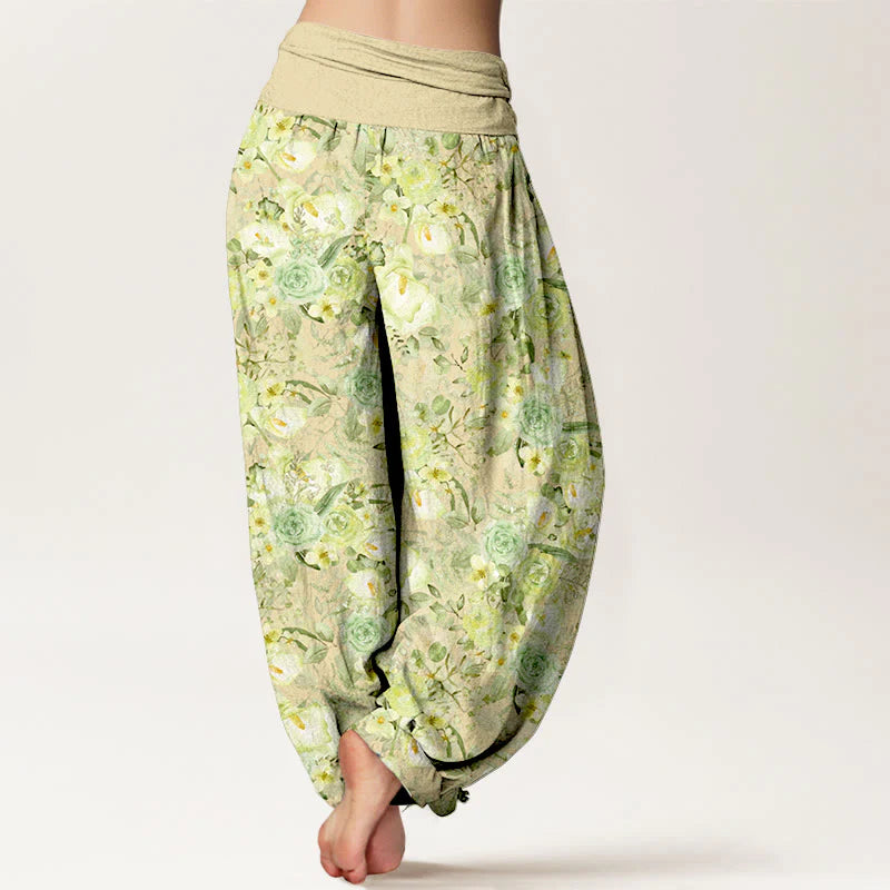 Buddha Stones Cotton Pastoral Flower Pattern Women's Elastic Waist Harem Pants