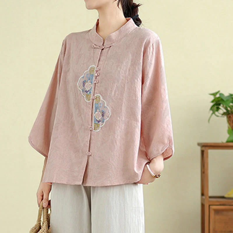 Buddha Stones Flower Embroidery Jacquard Three Quarter Sleeve Frog-Button Cotton Women's Shirt