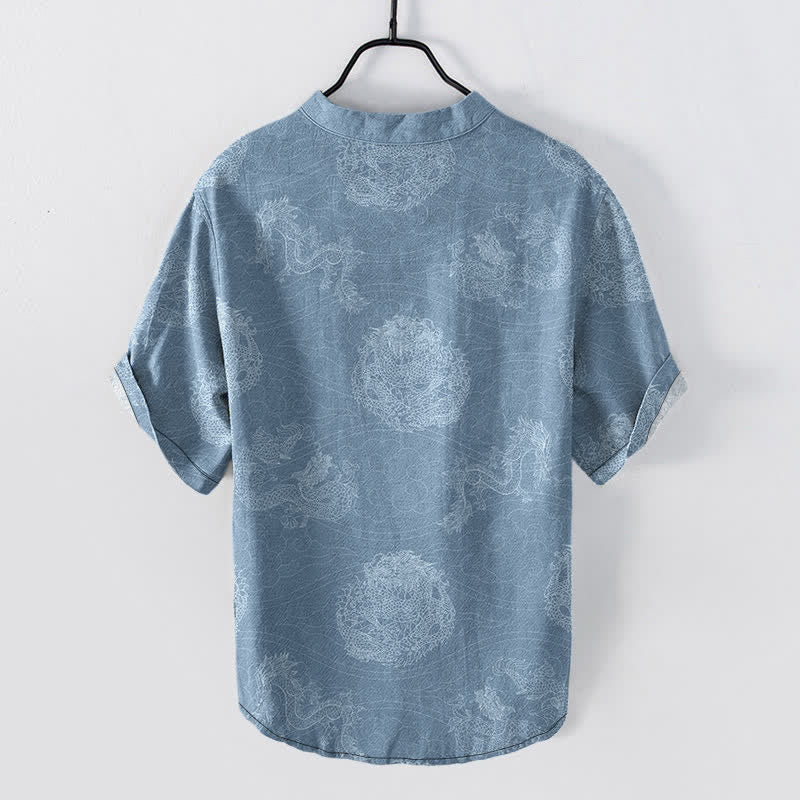 Buddha Stones Cotton Dragon Print Men's Short Sleeve Half Button Shirt