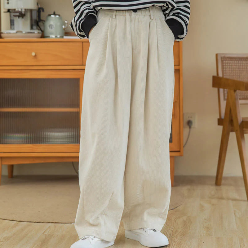 Buddha Stones Women's High Waist Zipper Design Wide Leg Cotton Corduroy Pants With Pockets